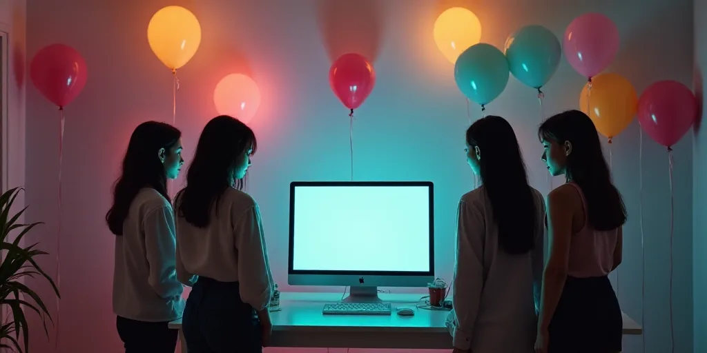 a group of women standing around a computer monitor on a table in a room with balloons and balloons