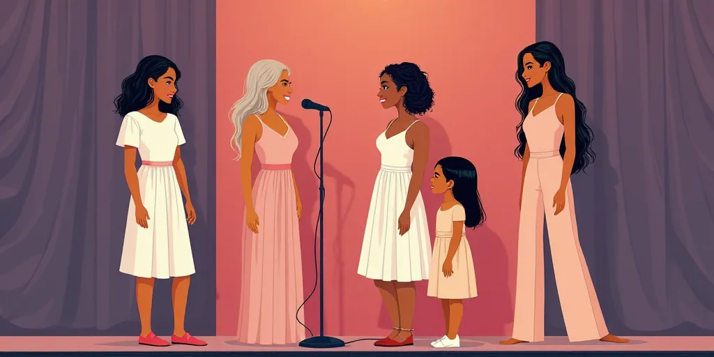 a group of women standing next to each other on a stage with a microphone in front of them and a lit