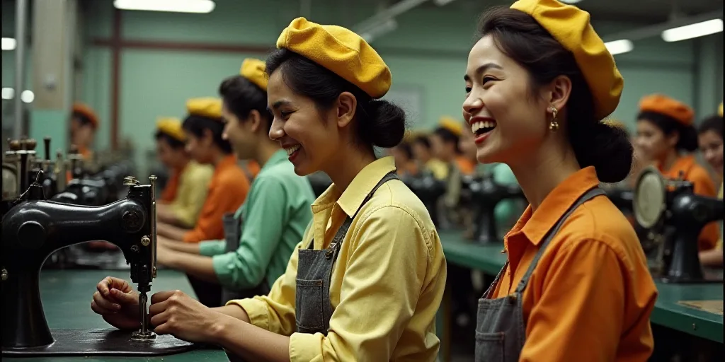a group of women working on a machine in a factory with other workers in the background looking on a
