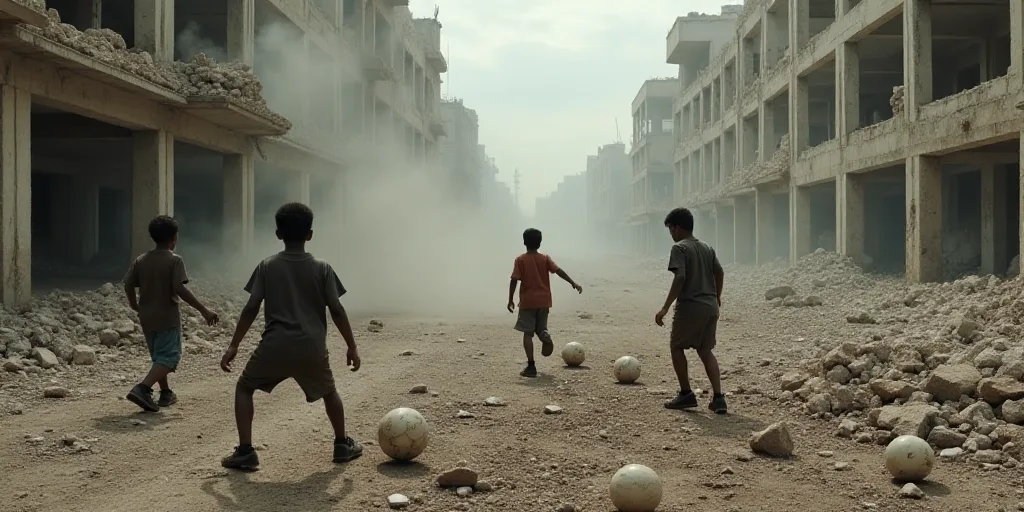 a group of young boys playing soccer in a rubble - covered area of a building that has been destroye