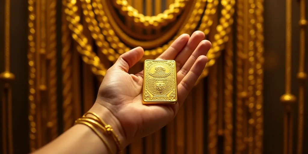 a hand holding a gold bar in front of a gold chain wall of gold chains and a gold necklace, Enguerra