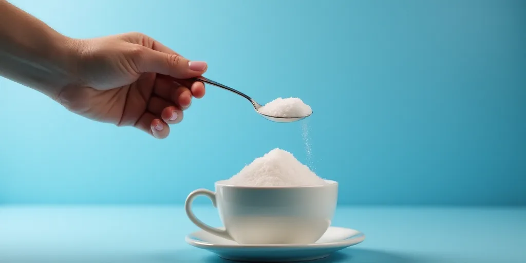 a hand holding a spoon over a cup of sugar and a spoon with a spoon in it, with a blue background, F