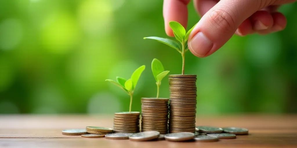 a hand is reaching for a plant growing from a pile of coins on a table with coins on it, Andries Sto
