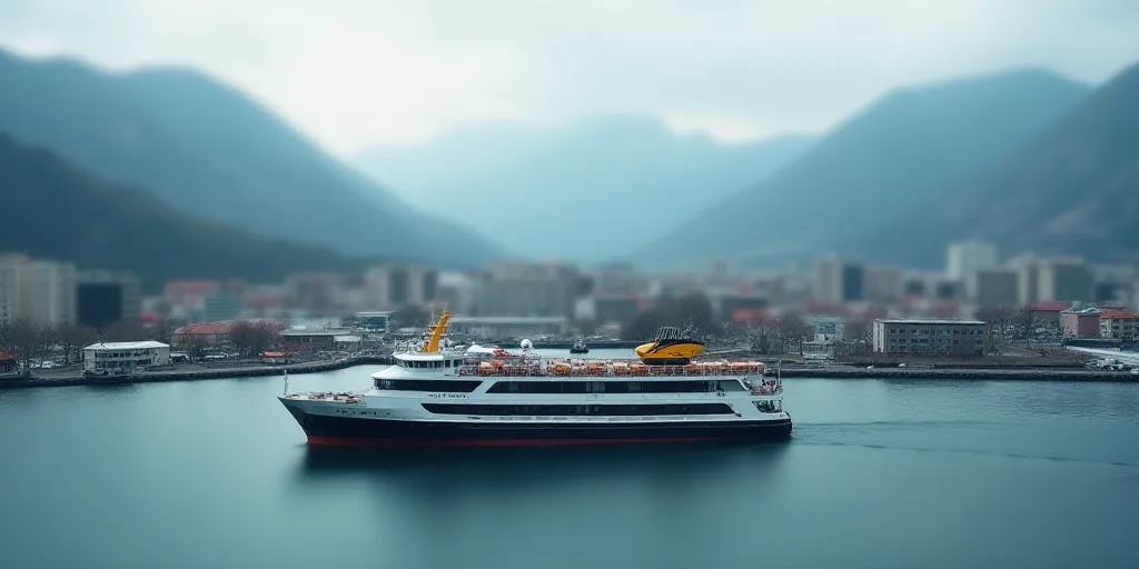 a harbor with a large boat in the water and a city in the background with mountains in the distance,