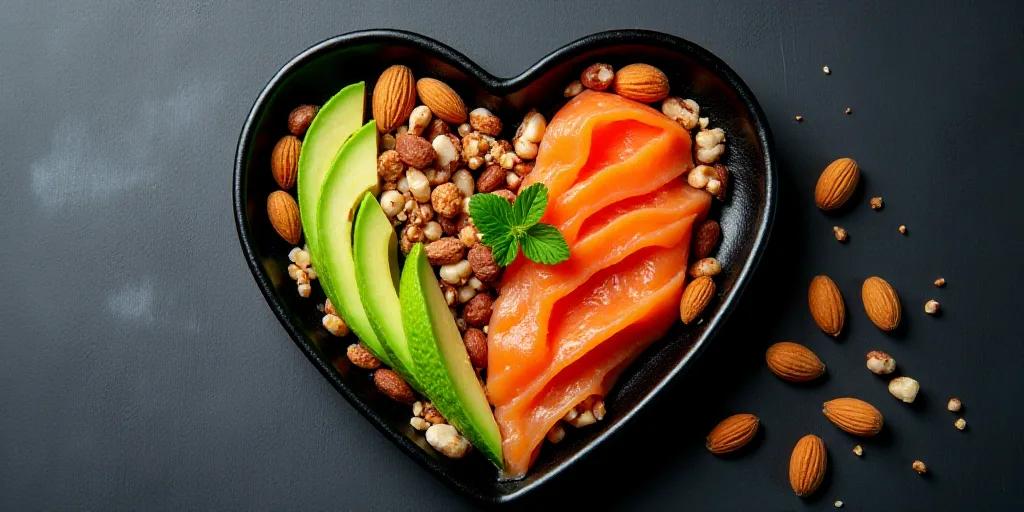 a heart shaped plate of food with nuts, avocado, salmon, and almonds on a chalkboard, Évariste Vita