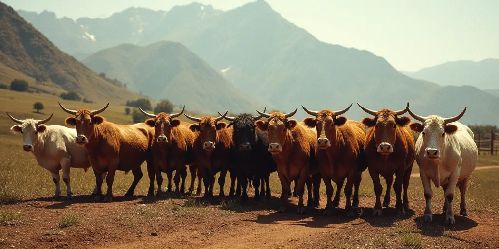 a herd of cattle standing next to each other on a dirt field next to a fence and a mountain, Afewerk