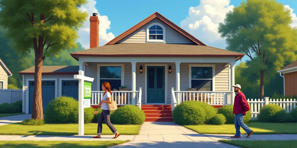 a home for sale sign in front of a house with a man walking by it and a woman walking by, Anne Rigne