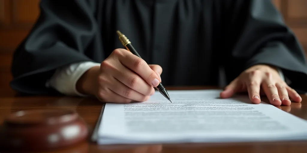 a judge holding a pen and paper while sitting at a desk with a gaven on it and papers, Brenda Chambe