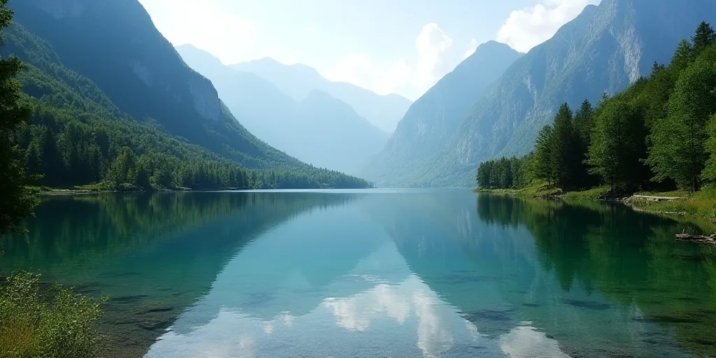 a lake surrounded by mountains and trees in the middle of a valley with a few trees on the side, Avg
