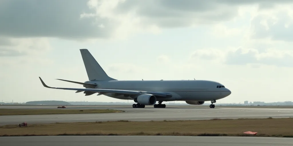 a large air plane sitting on top of an airport runway under a cloudy sky with a few clouds in the sk