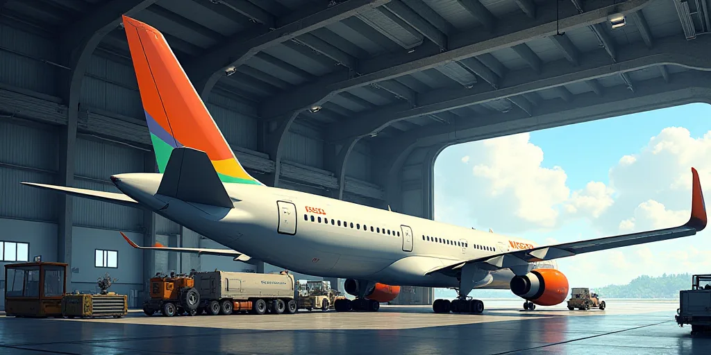 a large airplane parked inside of a hangar with a colorful tail fin on it's side and a few other veh