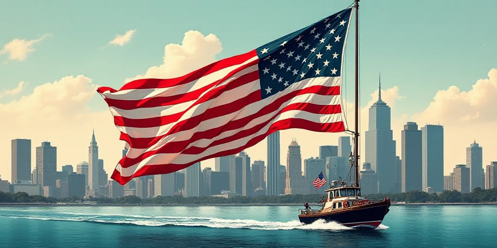 a large american flag flying in front of a city skyline with tall buildings in the background, with