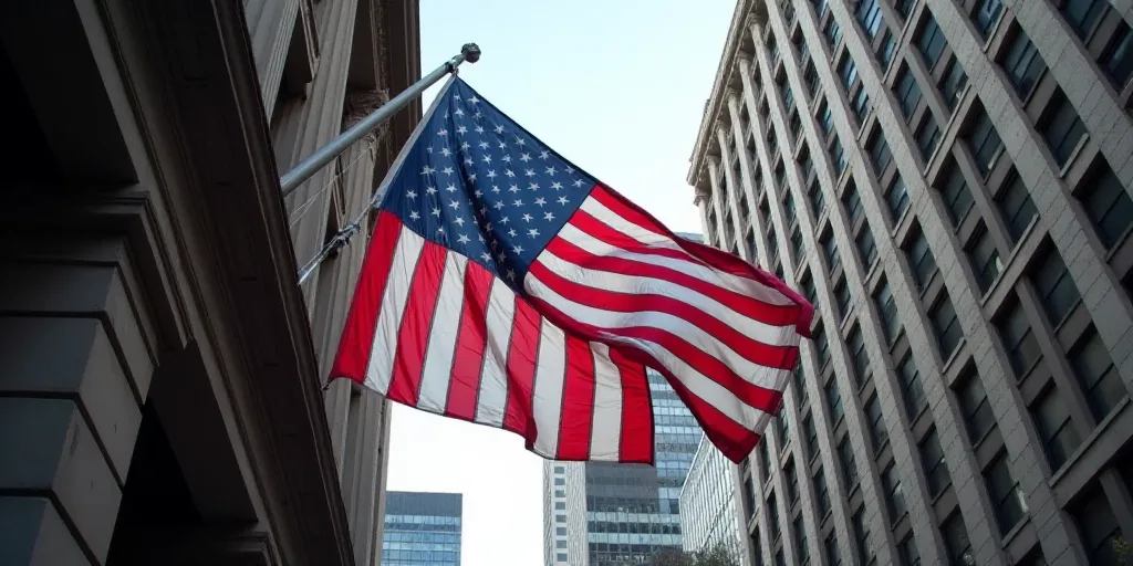 a large american flag is hanging from a building in new york city, usa, on a flagpole, Andries Stock