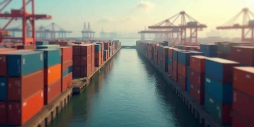 a large amount of containers are stacked up in a large container yard with a large body of water in