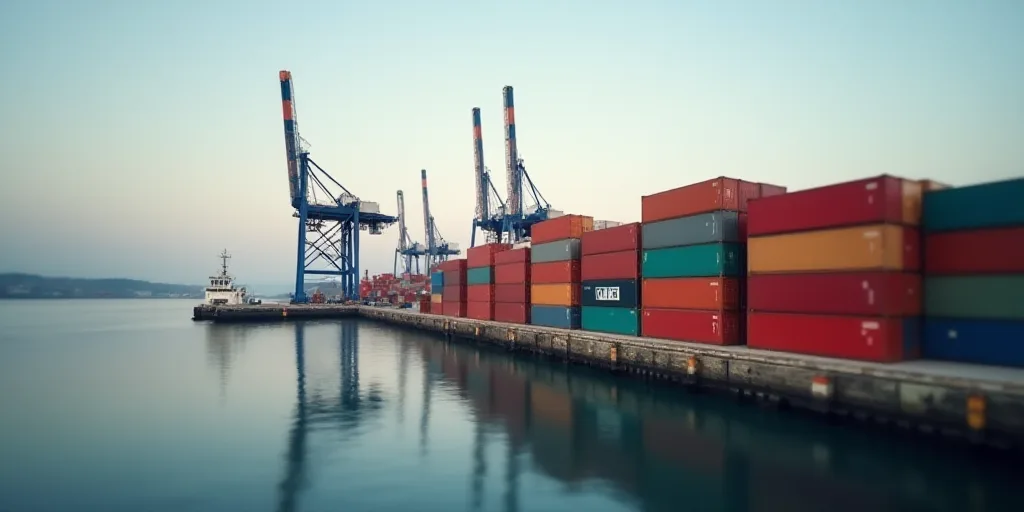 a large amount of containers are stacked up on a dock near a harbor with cranes and a body of water,