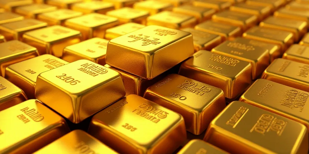 a large amount of gold bars are stacked together in rows and stacked on top of each other, with the