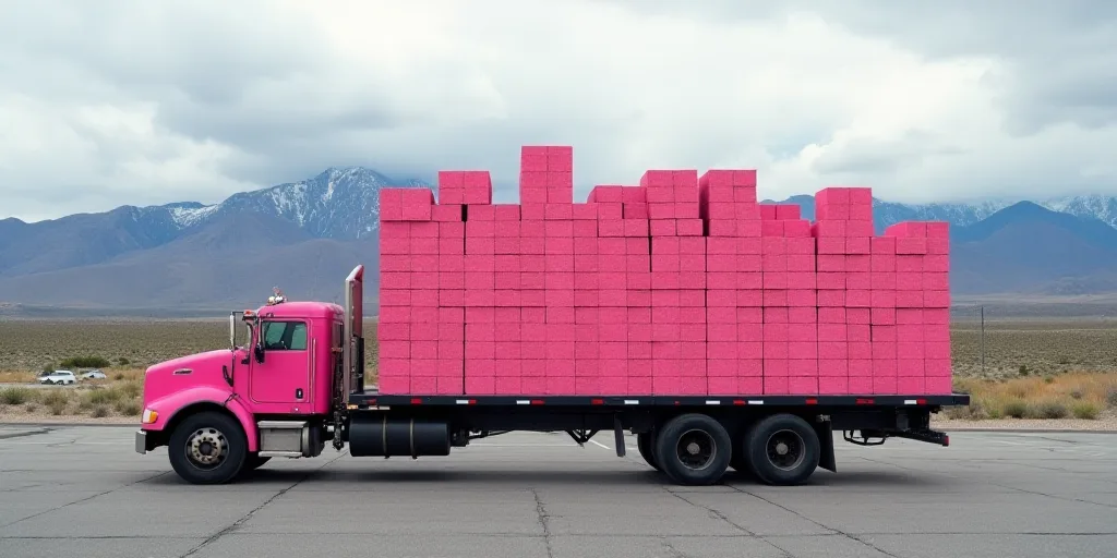 a large amount of pink bricks are stacked on a truck bed in a parking lot in front of a mountain ran