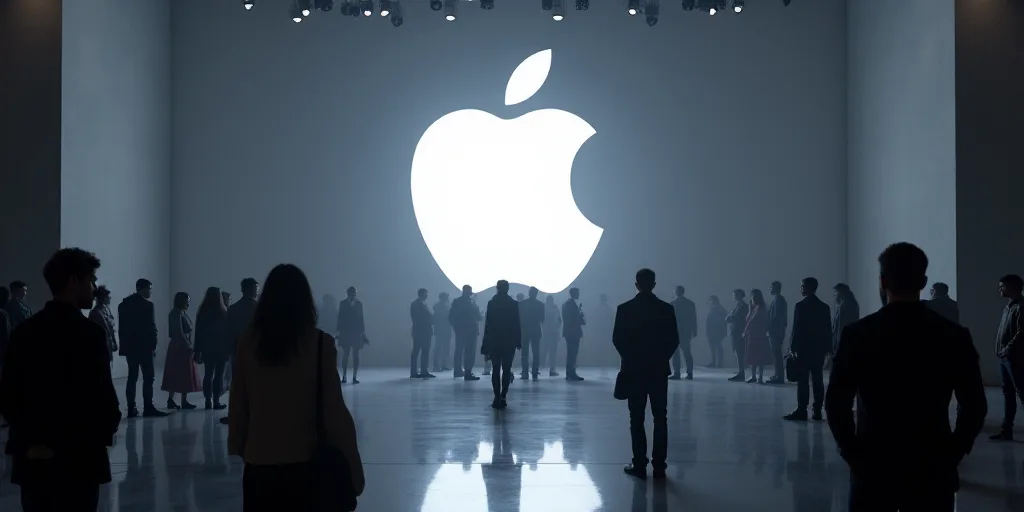 a large apple logo is displayed on a wall with people standing around it and a speaker system in fro