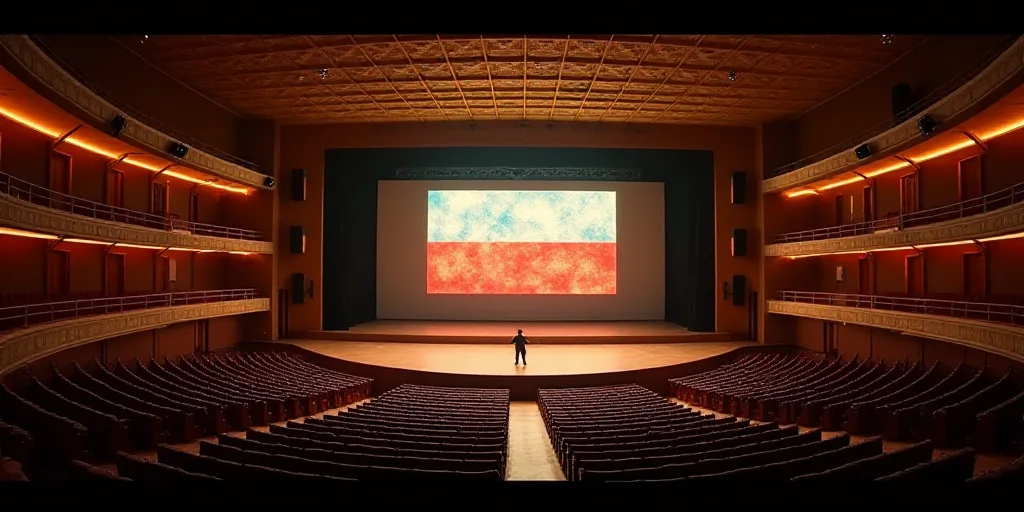 a large auditorium with a stage and a ceiling with lights and a large screen with a flag on it, Davi