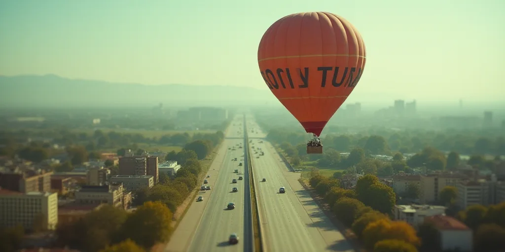 a large balloon flying over a city with a highway and freeway below it in the distance is a highway,