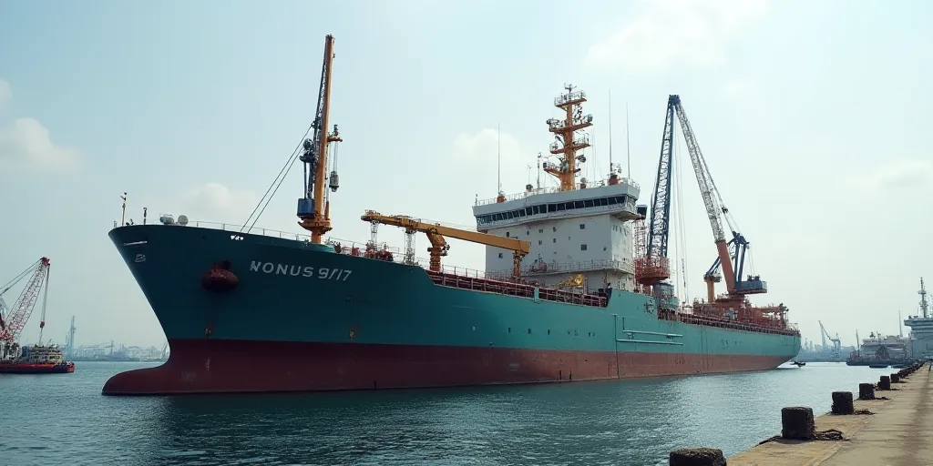a large boat is docked at a dock with a crane on top of it and a crane on the side of the boat, Andr