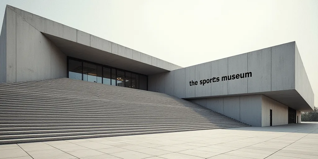 a large building with a bunch of stairs leading up to it's entrance and a sign that says the sports