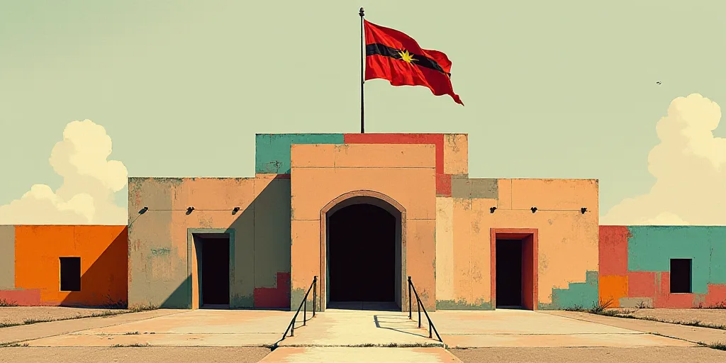 a large building with a flag flying in front of it and a flag pole in the middle of the building, Da