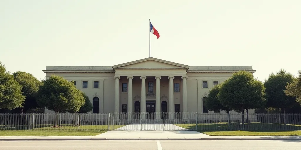 a large building with a flag on top of it's roof and trees in front of it and a fence in front of it