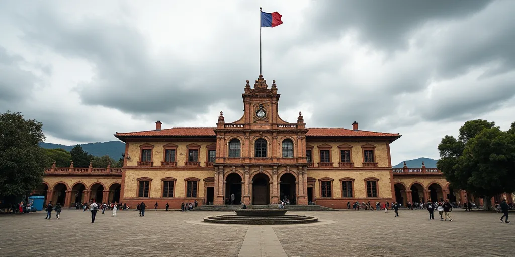 a large building with a flag on top of it and people walking around it on a cloudy day with a few cl