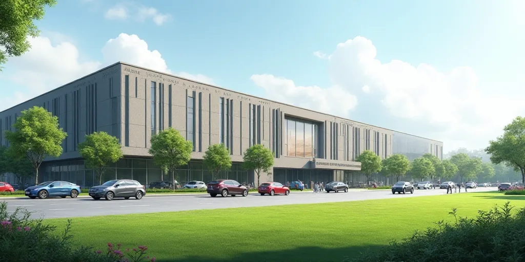 a large building with a lot of cars parked in front of it and a grassy area in front of it, Cao Zhib