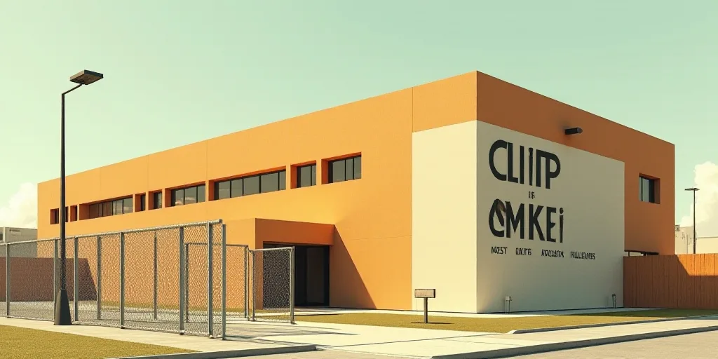 a large building with a sign on it's side next to a fence and a street light in front of it, Alberto