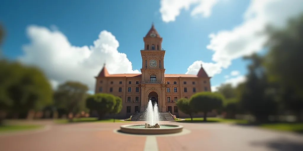 a large building with a tower and a fountain in front of it with a sky background and clouds in the
