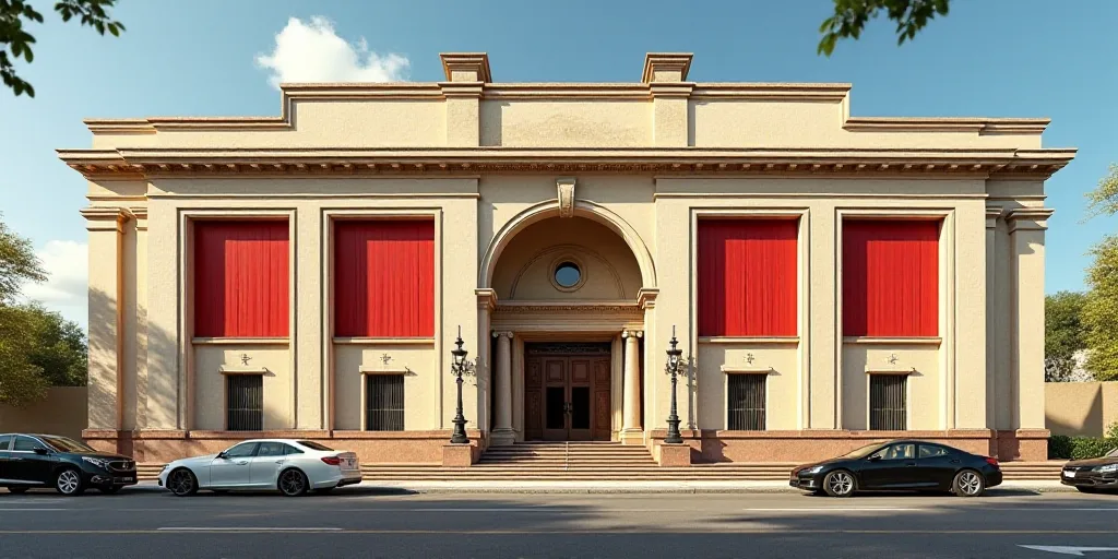 a large building with red shutters on the front of it and a street in front of it with cars parked o