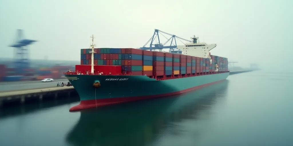 a large cargo ship docked at a dock with a lot of containers on it's sides and a crane in the backgr