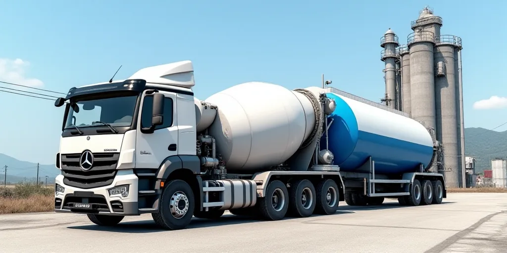 a large cement truck parked next to a cement plant with a blue and white tank on the back of it, Aqu