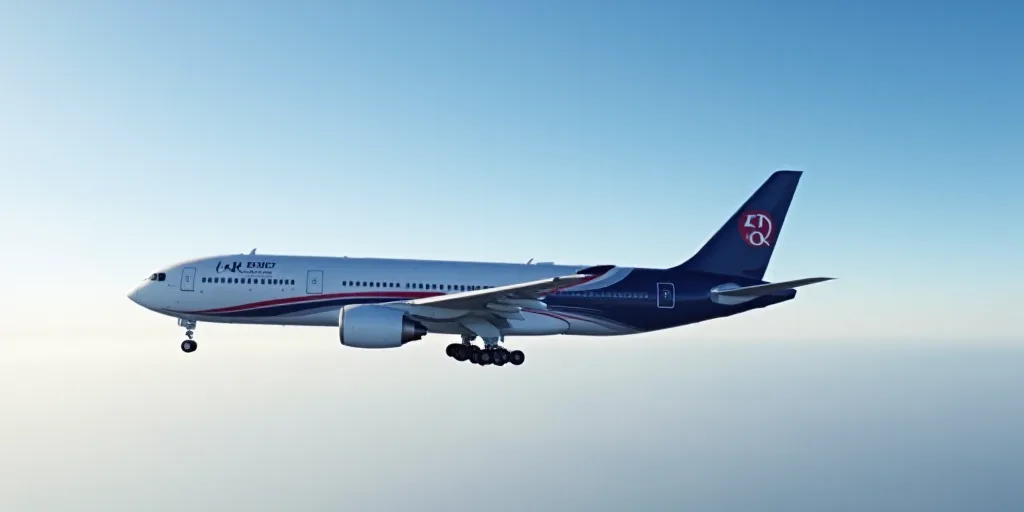 a large commercial airplane flying in the sky with landing gear down and landing gear down on the si