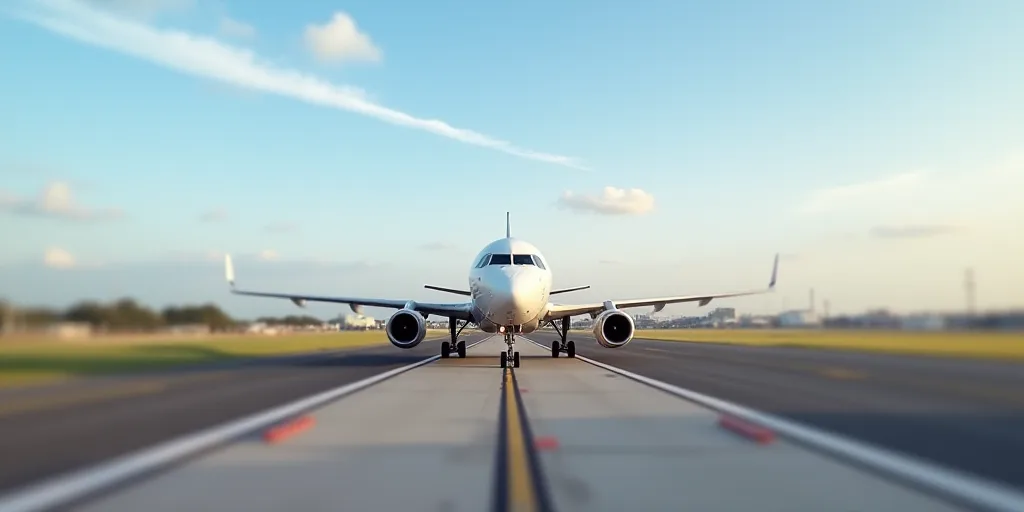 a large commercial airplane on a run way at an airport with a sky background and a few buildings in