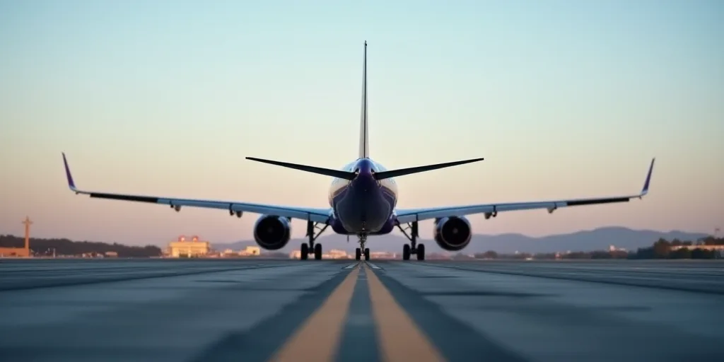 a large commercial airplane on a run way at an airport with a purple tail on the tail end of the pla