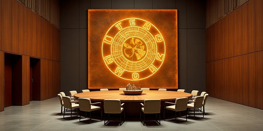 a large conference room with a circular table and chairs and a large sign that says infinititto mach