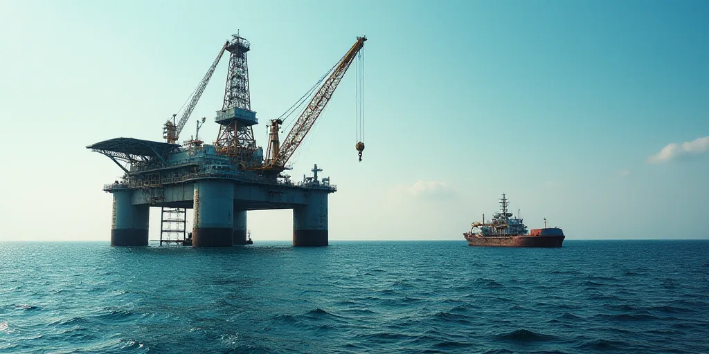 a large crane is in the middle of the ocean with a boat nearby and a barge in the water, Bascove, oi