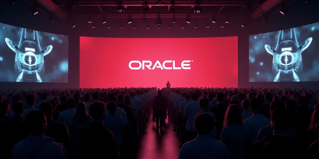 a large crowd of people are standing in front of a large screen with the oracle logo on it at an eve