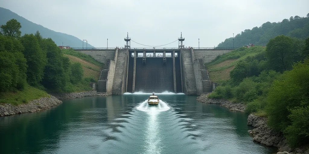 a large dam with a gate and a ramp going over it to a river with a boat coming up the side, Andries