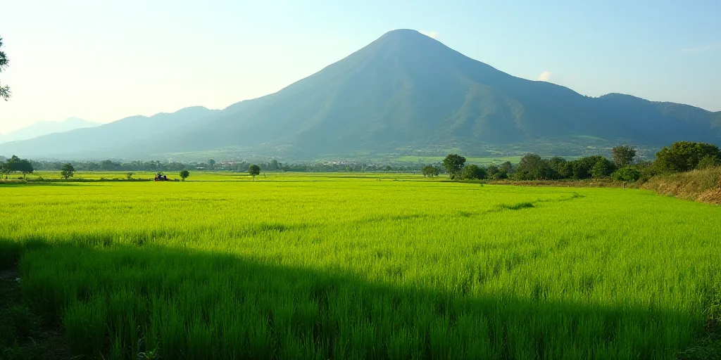 a large field of green plants with a mountain in the background in the distance is a farm with a tra