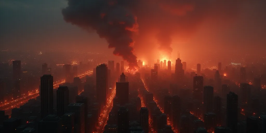 a large fire is burning in a large city at night time, with smoke billowing from the buildings, Cui