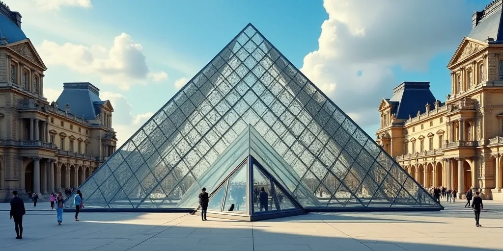 a large glass pyramid in front of a building with a sky background and a few people standing around