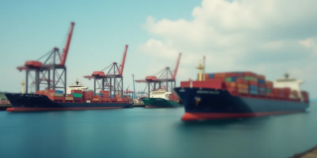 a large group of cargo ships in a harbor with a large crane in the background and a large ship in th
