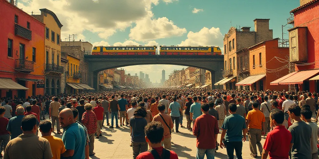 a large group of people standing on a street with a lot of traffic in the background and a train on