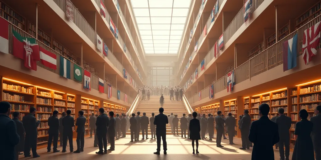 a large group of people standing in a library with bookshelves and flags on the walls and a staircas