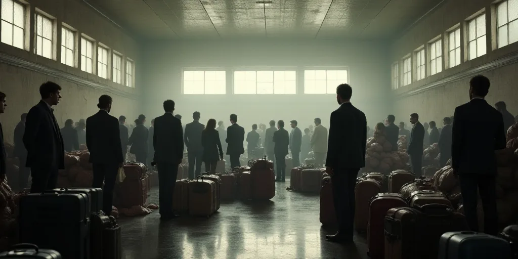 a large group of people standing around a room filled with luggage and bags of luggage and people st