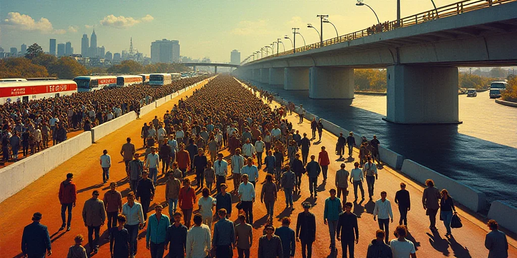 a large group of people walking down a street next to a bridge and a freeway with cars and buses, Da